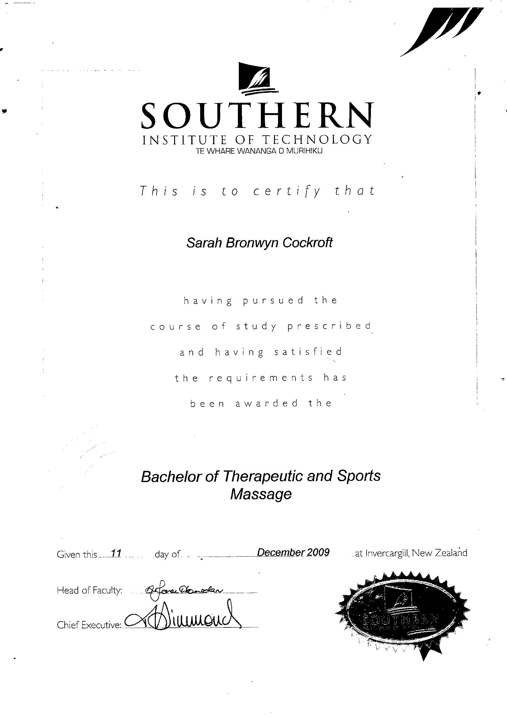 certification of Sarah